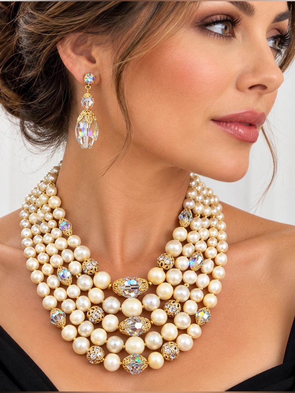 Vintage Laguna Faux Pearl Aurora Borealis Crystal Necklace & Earrings Set